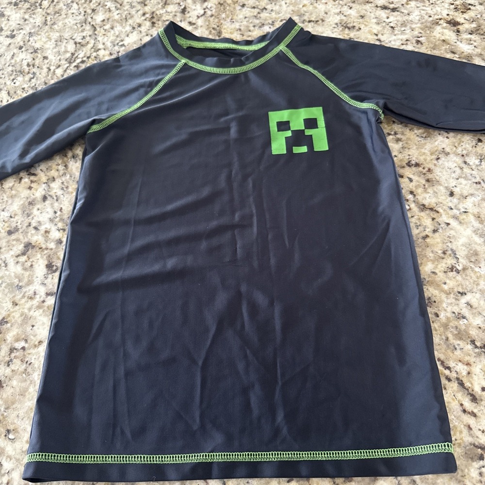 Minecraft Creeper‎ Rash Guard Boys Short Sleeve Swim Shirt Medium 4240